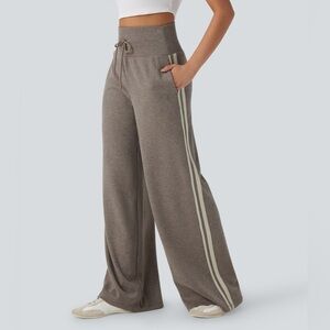 NWT HALARA Taupe Wide-Leg Lounge Pants with Cream Side Stripes